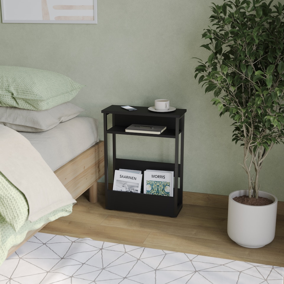image 1 of 3 Tier Slim Coffee Side Table Newspaper Magazine Shelf Rack Bedside Sofa End | Black | Black | H-62.5cm | 1