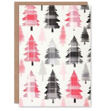Pink Grey Scottish Tartan Pattern Trees Modern Blank For Him Or Her Art Christmas Card