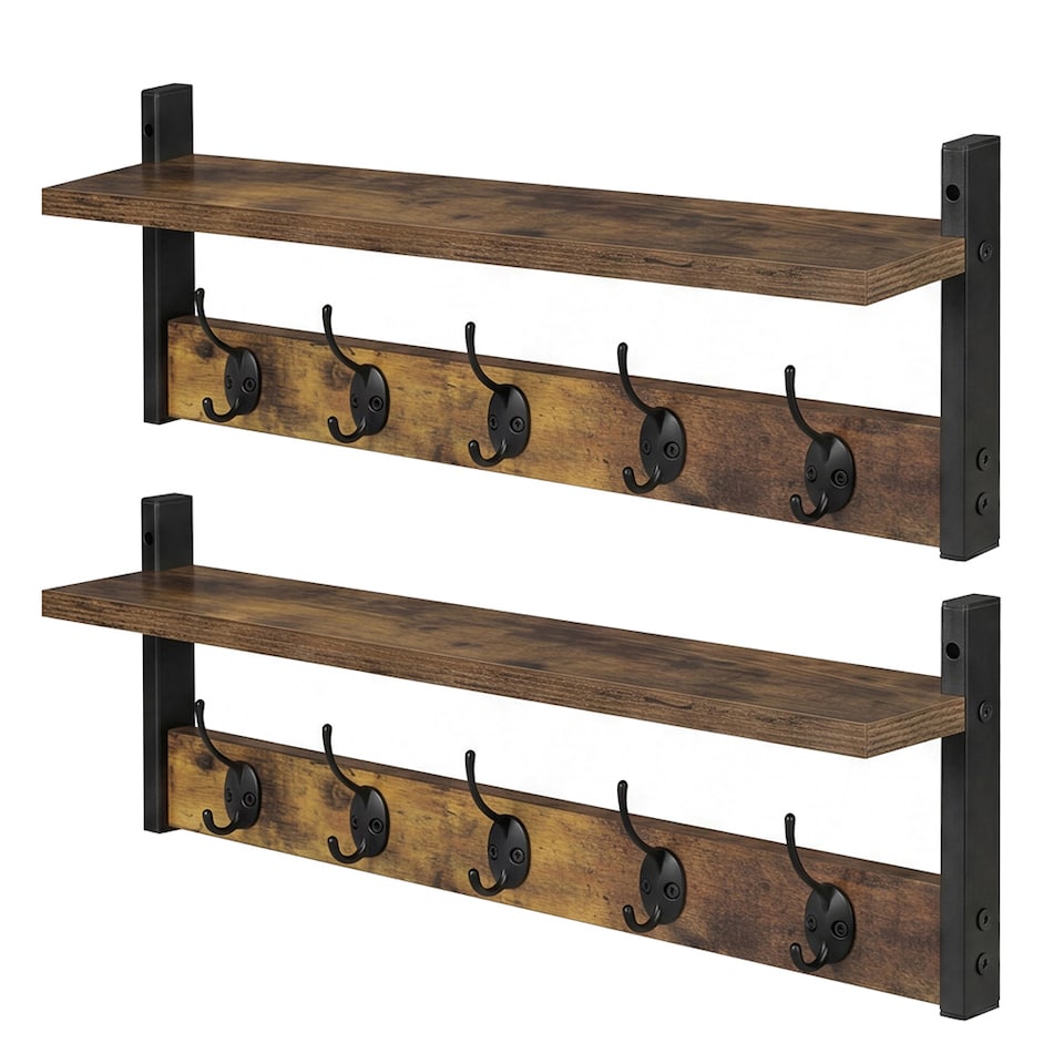 image 1 of Levede Coat Rack Wall Mounted Wooden Hooks Hangers Storage Shelf 2 Pack Brown