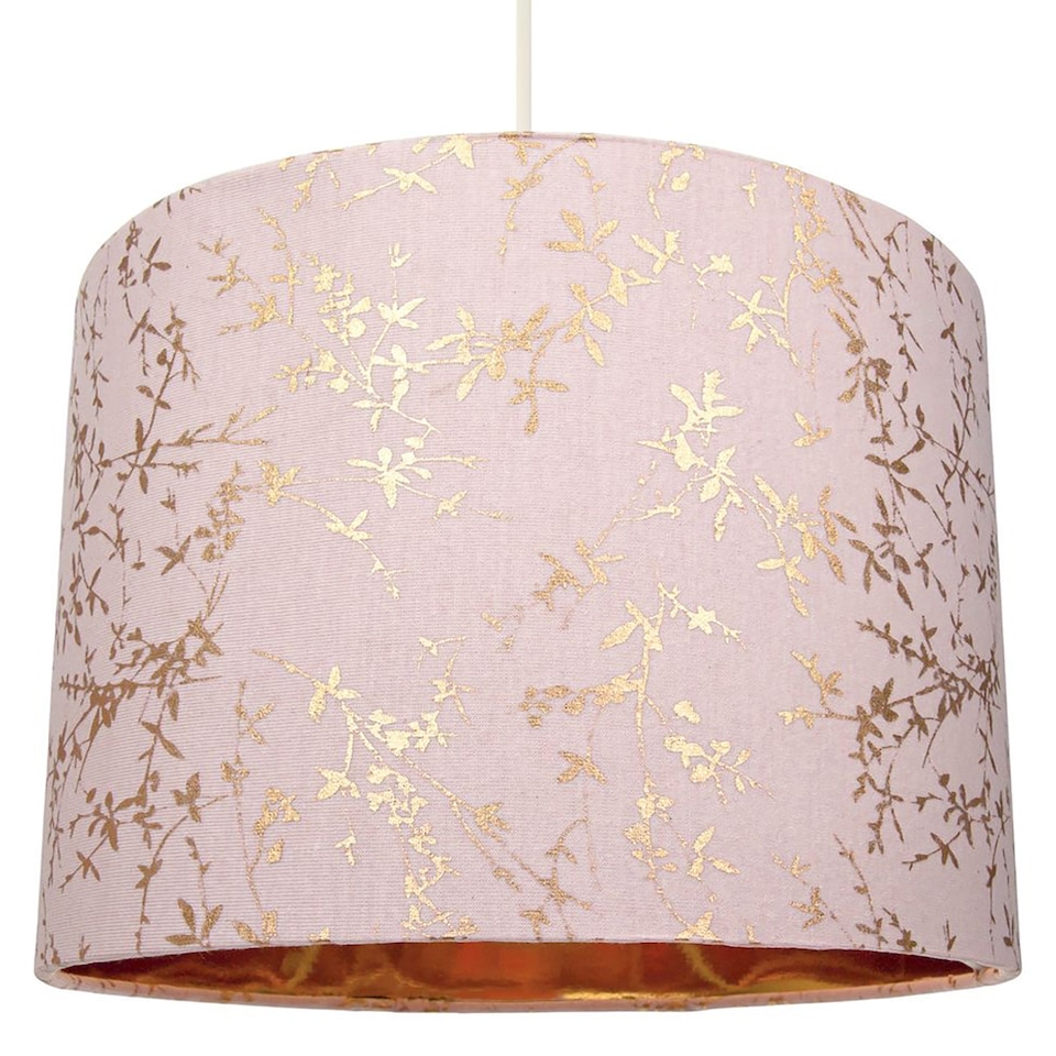 image 1 of Modern Soft Pink Cotton Fabric 12 Inch Lamp Shade with Gold Foil Floral Decoration | Pink