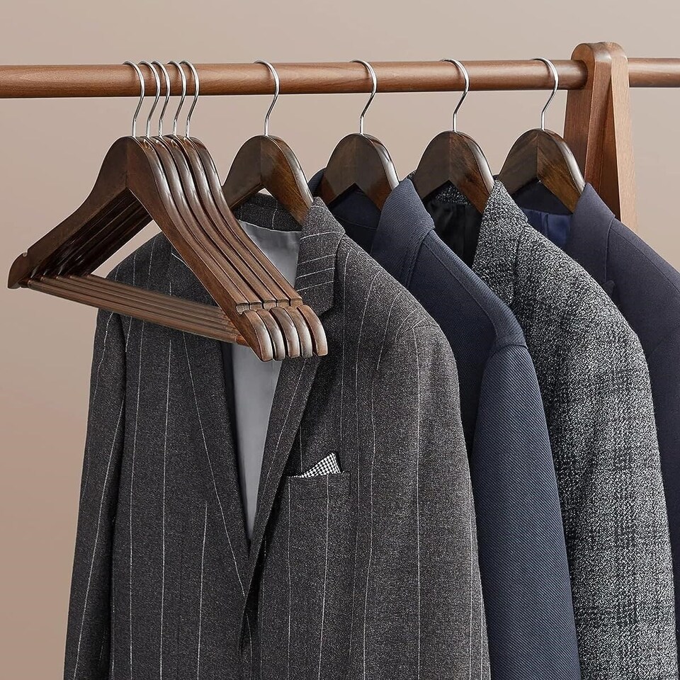 image 1 of 20-Pack Wooden Clothes Hangers with Shoulder Notches, Trouser Bar and Swivel Hook, Dark Walnut