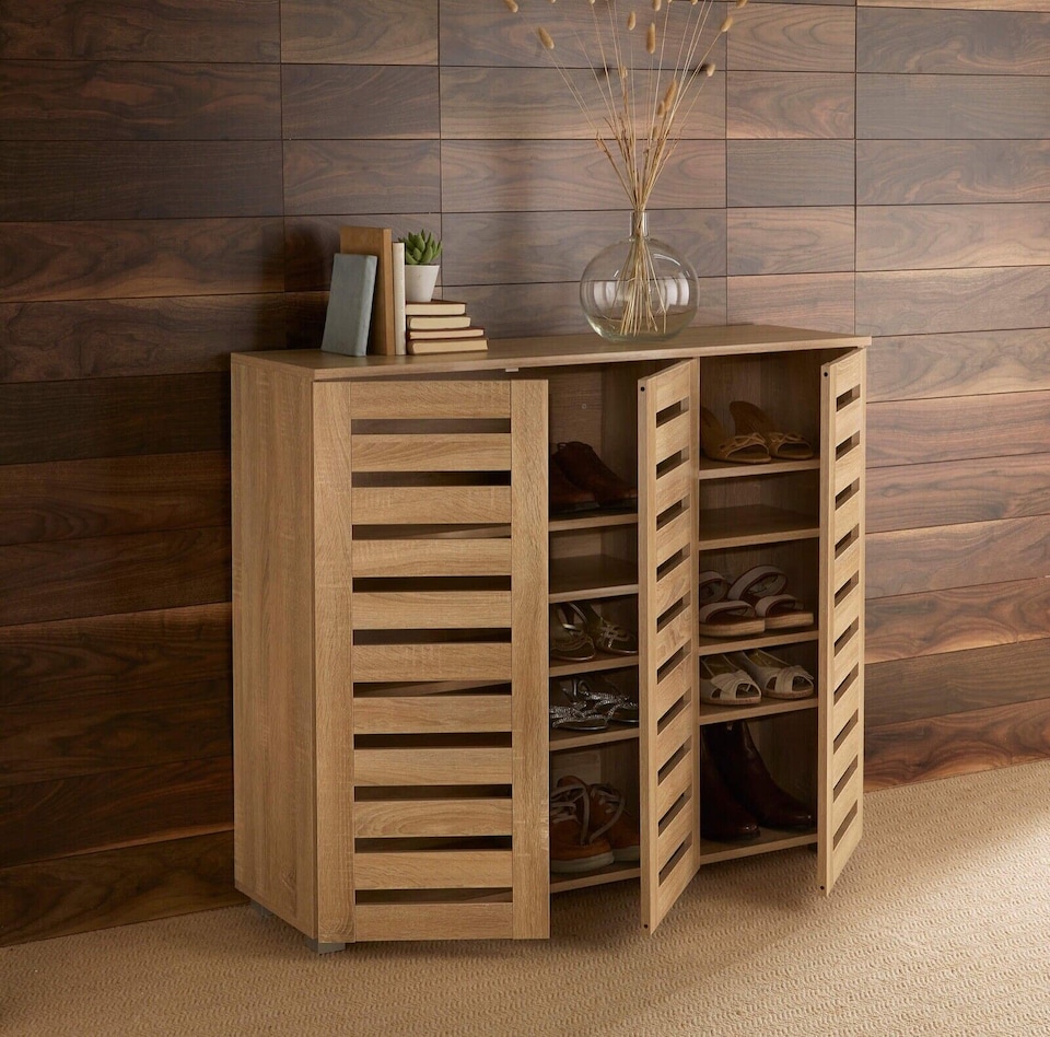 image 1 of Oslo 3 Door Wooden Shoe Storage Cabinet Rack Stand Cupboard Slatted Doors | Brown