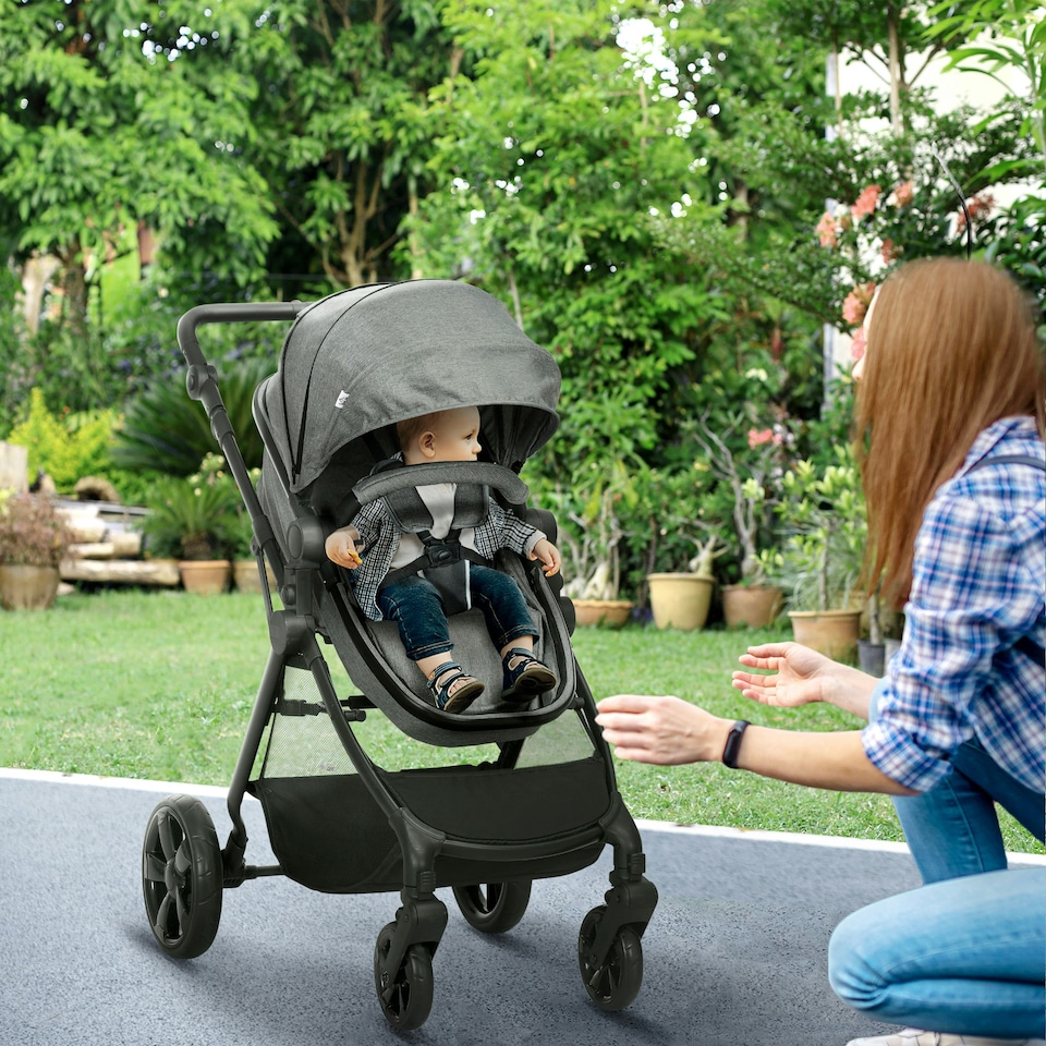 image 1 of HOMCOM 2 in 1 Pushchair Stroller w/ Reversible Seat Single Hand Foldable Grey