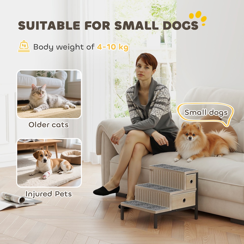 image 1 of PawHut Dog Stairs with Storage, Pet Steps for Older Cats & Small Dogs with Non-Slip Cover, Puppy Pet Steps for Sofa, High Bed, Oak Tone
