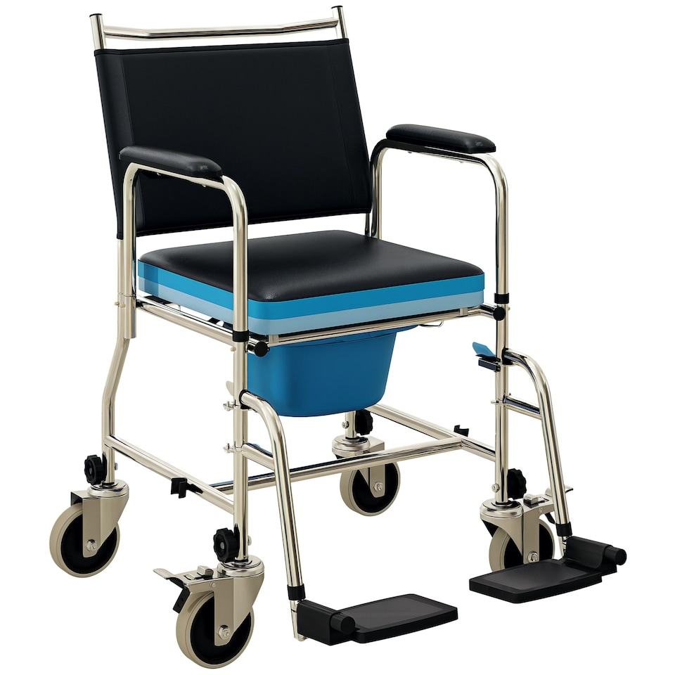 image 1 of HOMCOM Shower Wheelchair, Commode Wheeled Chair with Padded Seat, Backrest