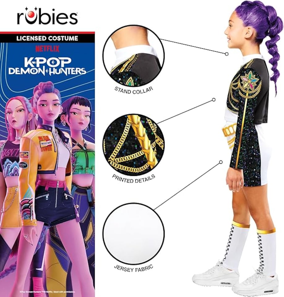 image 1 of Rubie's Official Netflix K-Pop Demon Hunters Deluxe Rumi Costume | Sequin Top & Shorts with Printed Design | Girls Fancy Dress | Officially Licensed Golden Child Halloween Costume | Kids Sizes