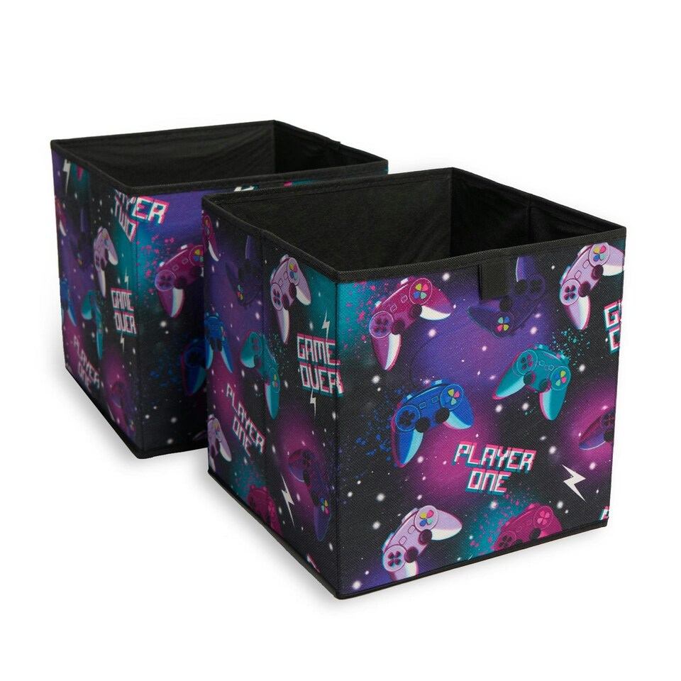 image 1 of OHS 2 Pack Folding Storage Gaming Print Cubes Space Saving Home Bedroom Clothes Toy Organiser | Black