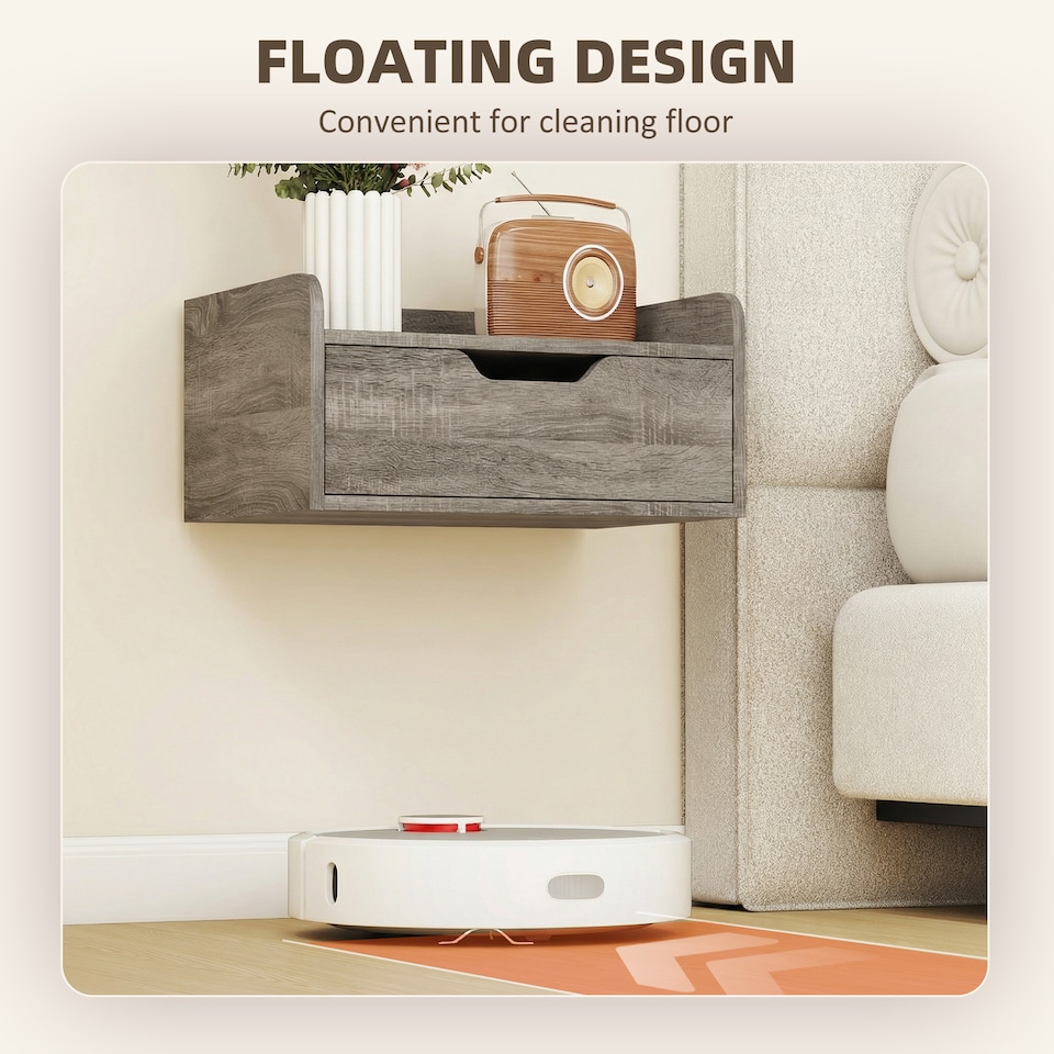 image 1 of HOMCOM Floating Nightstands Set of 2, Nightstand with Drawer | Grey | Natural wood | 40W x 30D x 19.5H cm