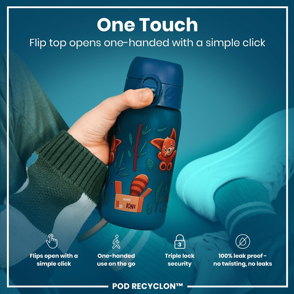 image 1 of Leak Proof Kids Water Bottle, BPA Free, 350ml (12oz) | Blue | Red Pandas | One Size
