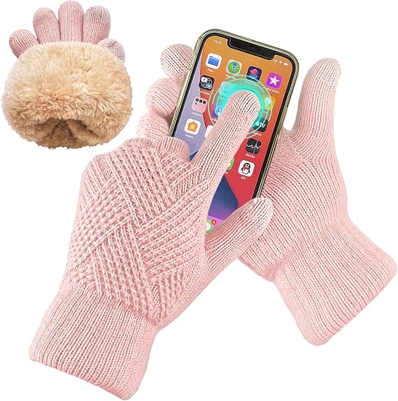 Winter Gloves for Women, Warm Thermal Touch Screen Knitted Gloves with Fleece Lining & Pom Pom, for Snow Cold Weather Gifts, Pink
