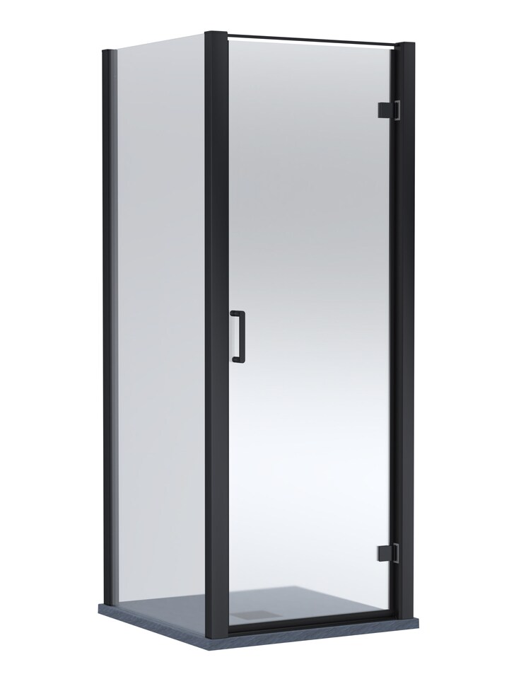 image 1 of Balterley Bathroom Modern Hinged Shower Door with Glass, Side Panel & Slimline Tray | Black | Matt Black