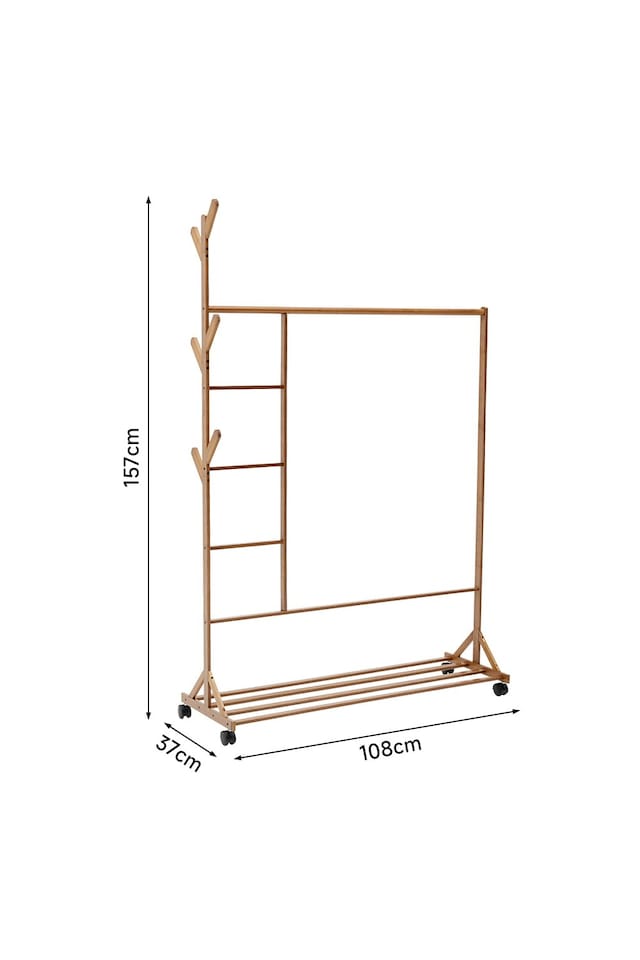 image 1 of Living and Home Bamboo Garment Hat Rack with Wheels & Clothing Rod - 108* 37*157cm | Brown | One Size