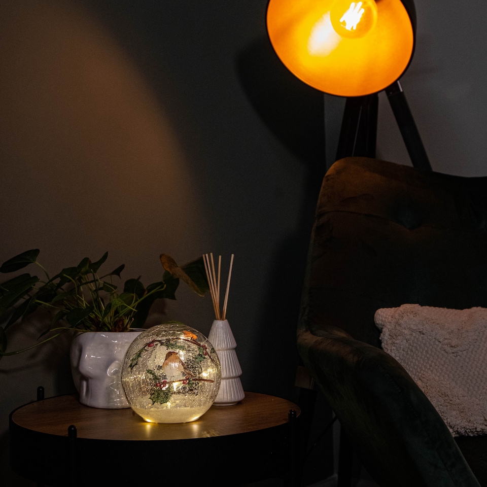 image 1 of 15cm Battery Operated Light up Robin Crackle Glass Ball with 12 Warm White LEDs