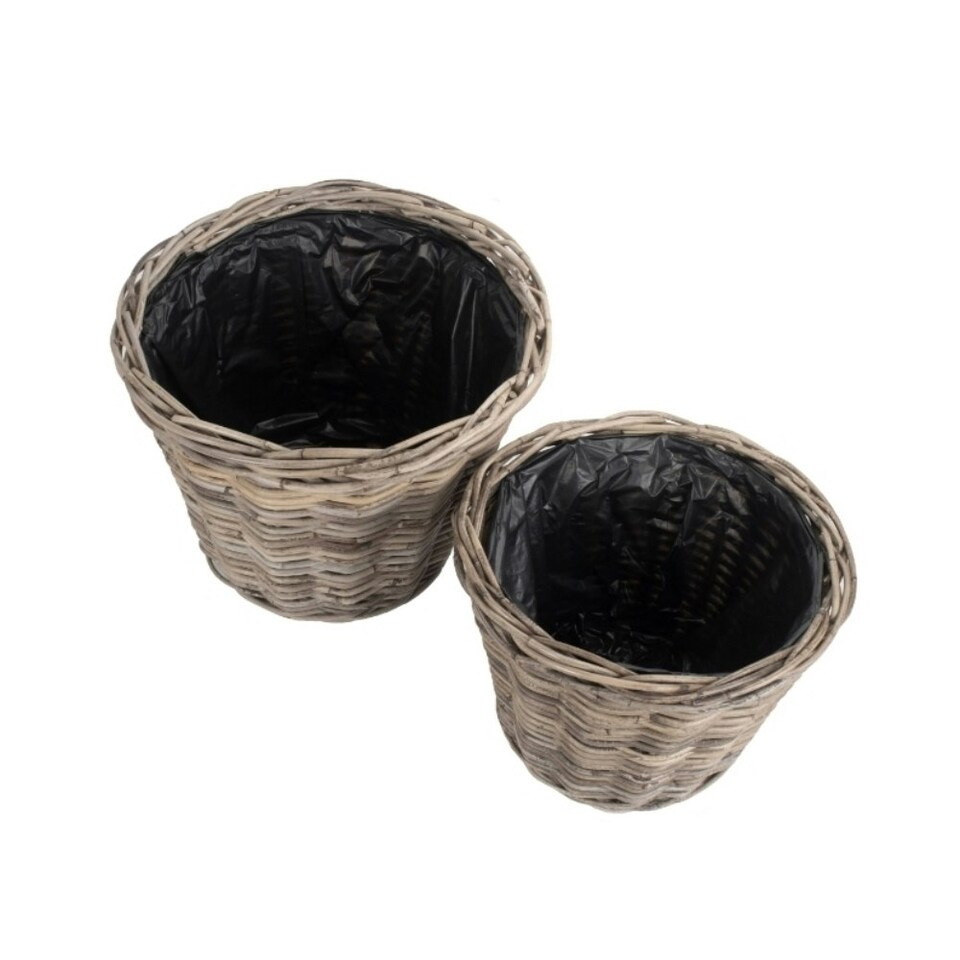 image 1 of Set of 2 Tapered Rattan Round Planter with Plastic Lining