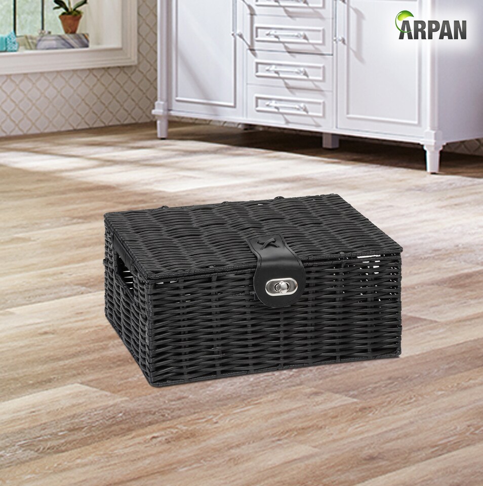image 1 of Resin Woven Storage Basket Box with Lid & Lock – Black Wicker Effect Storage Box with Handles – Decorative Home Organiser for Bedroom, Bathroom & Utility Room