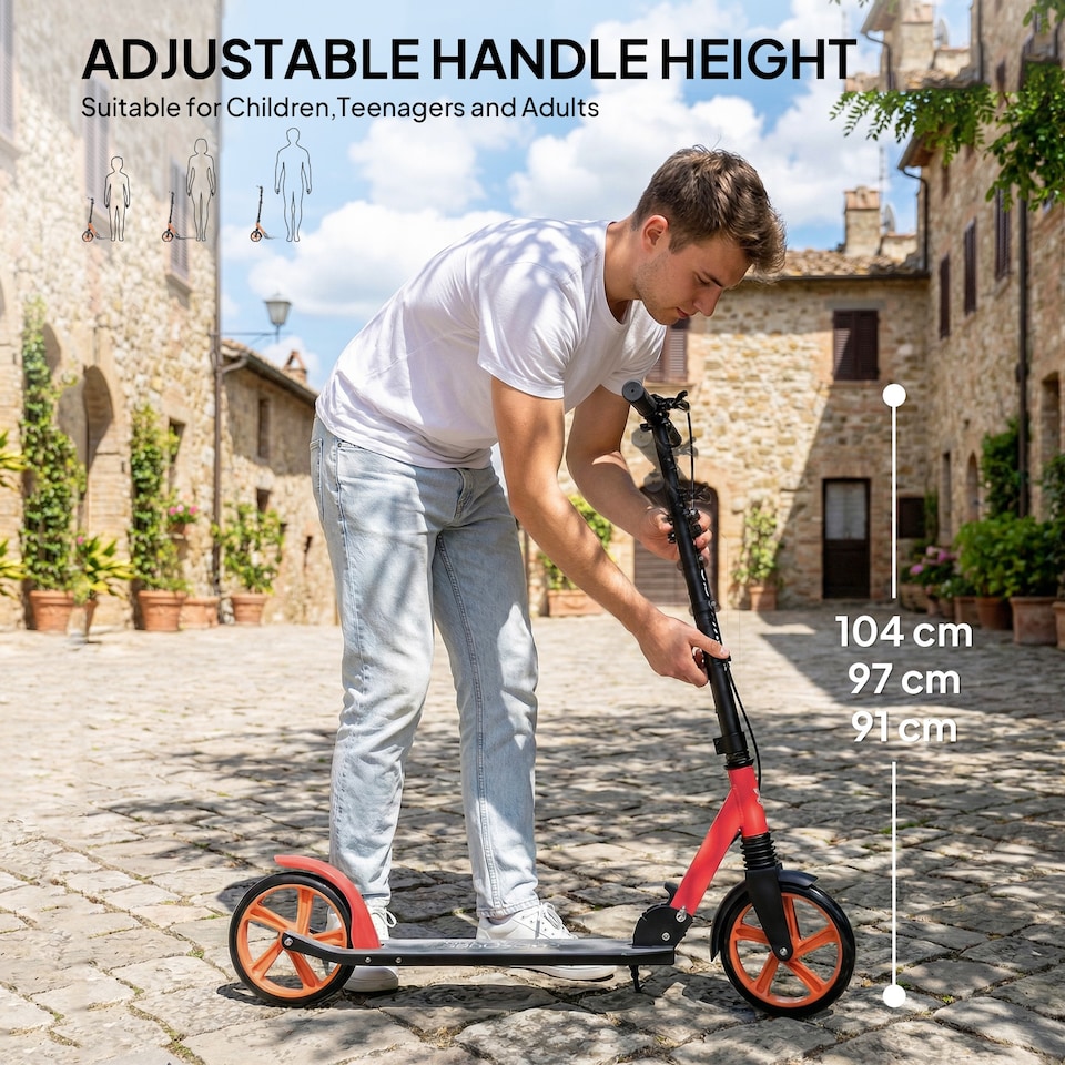 image 1 of HOMCOM Folding Kick Scooter for 14+ w/ Adjustable Height | Red | Red and Black | 91.5L x 36.5W x 91-104H cm
