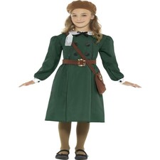 WW2 Evacuee Girl Costume - Green - with Dress - Hat - Bag & Name Tag - 45011M