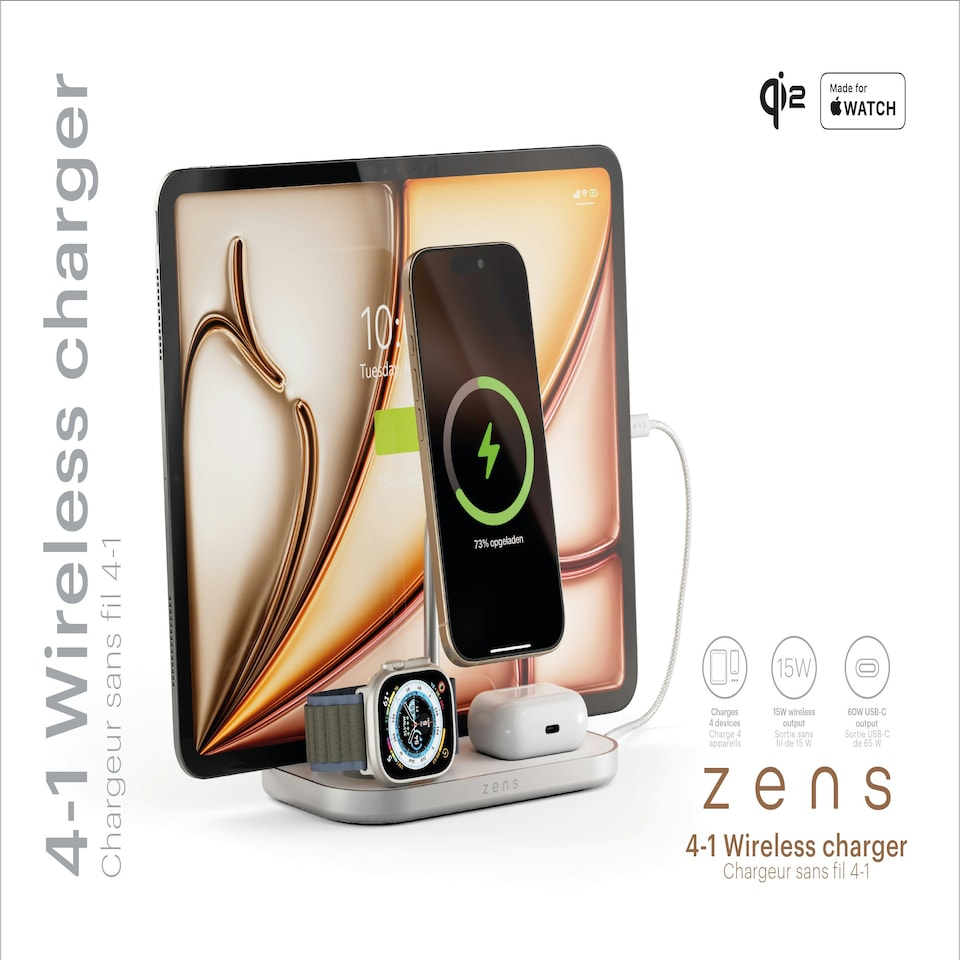 image 1 of Zens 4-in-1 Wireless Charger (incl. Wall Charger) - white