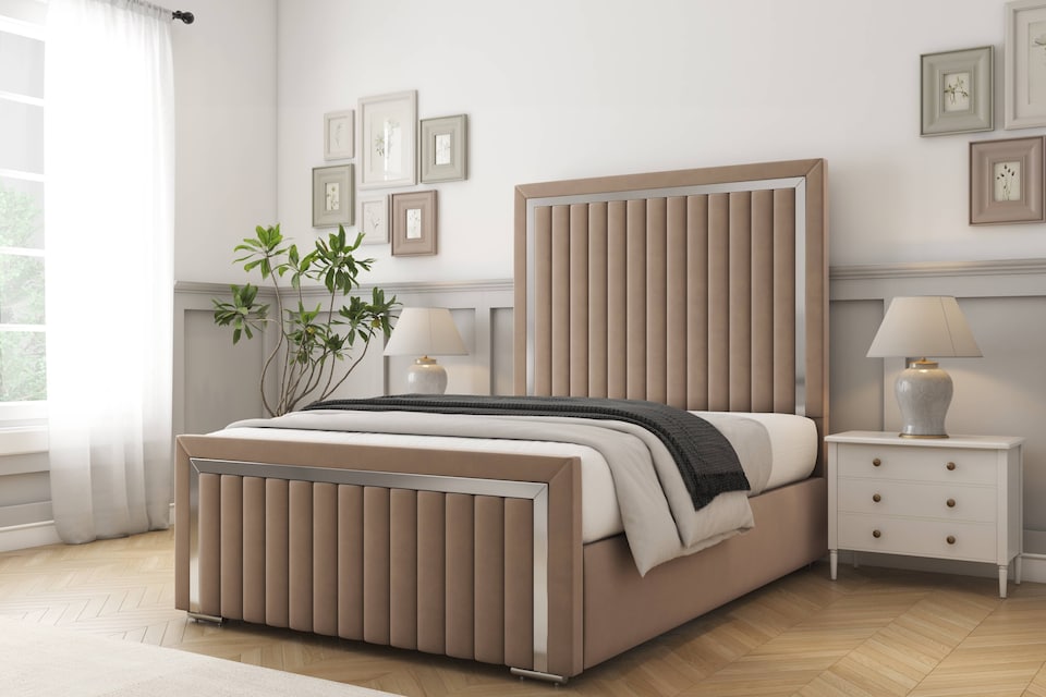 image 1 of Sloomy Boston Chrome Mink Plush Bed Frame With 50" Upholstered Headboard 4'6 Double