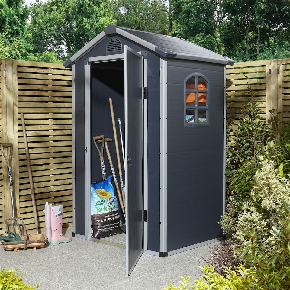 image 1 of 4 x 3 (1.34m x 1.04m) Single Door Apex Plastic Shed - Dark Grey