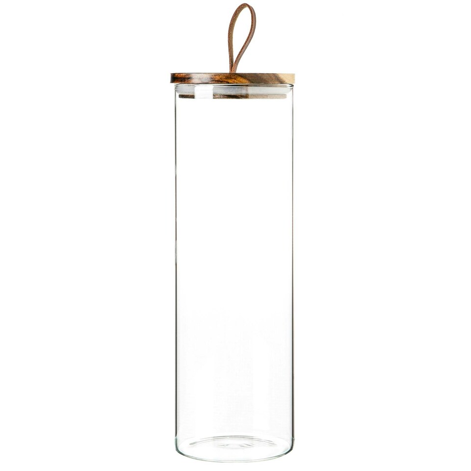 image 1 of Argon Tableware Glass Storage Jar with Wooden Lid - Leather Loop - 2 Litre