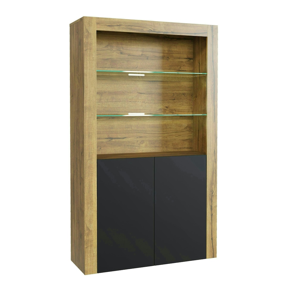 image 1 of Oak Display Cabinet 100cm Matt Finish Free LED Modern Tall Storage Unit Multi | Oak & Black