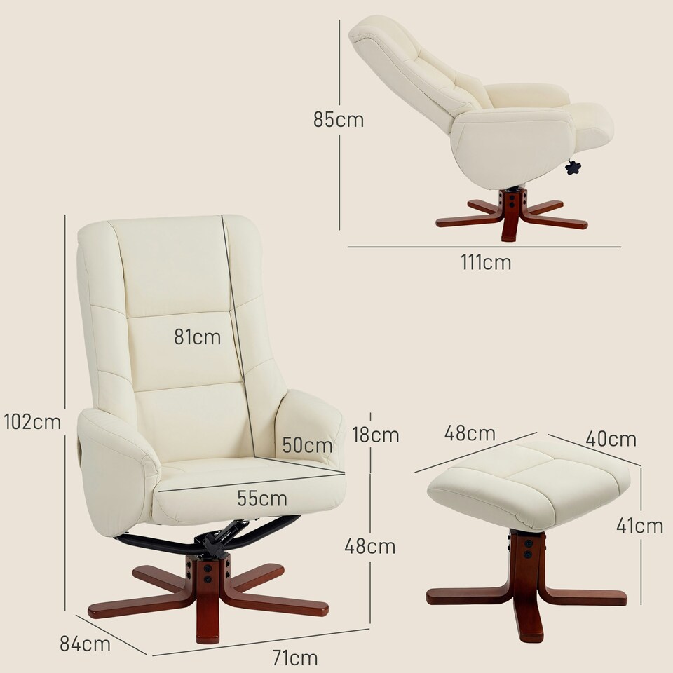 image 1 of HOMCOM Recliner Armchair with Wood Base, Upholstered Reclining Chair, Cream Cream