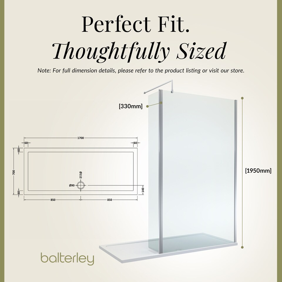 image 1 of 8mm Glass Wetroom Screen and Return Chrome and Tray 1700 x 700mm | Silver | Chrome