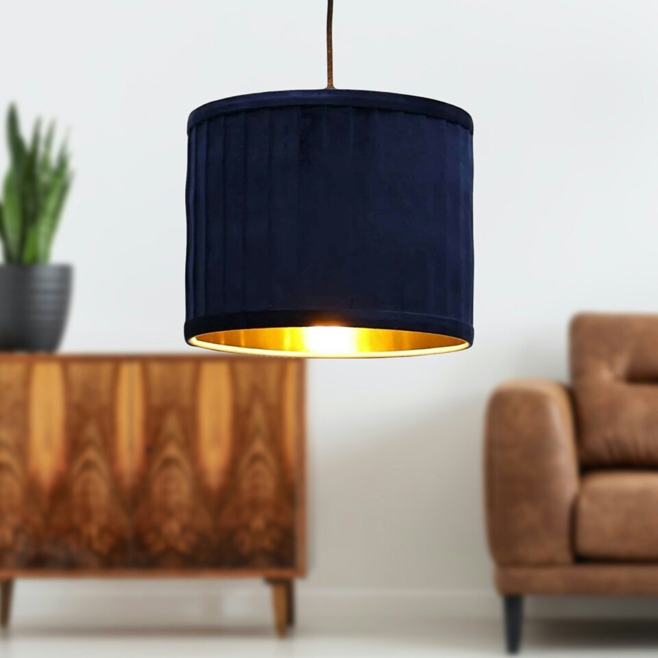 image 1 of First Choice Lighting Set of 2 Sundance Navy Blue Velvet Pleated 25cm Lamp Shades with Gold Inner Blue | Gold