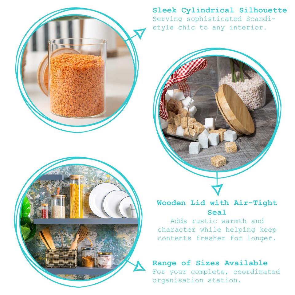 image 1 of Argon Tableware Glass Storage Jars - Wooden Lid - 550ml - Modern Round Scandi Organisation Container Glass Jar - Set of 6