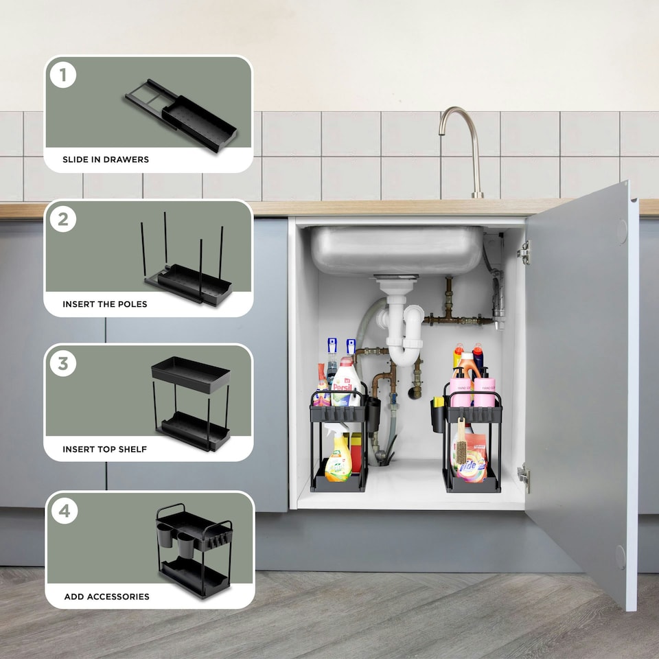 image 1 of DMD 2 Pack Under Sink Storage Kitchen Organiser with Pull Out Shelf Black