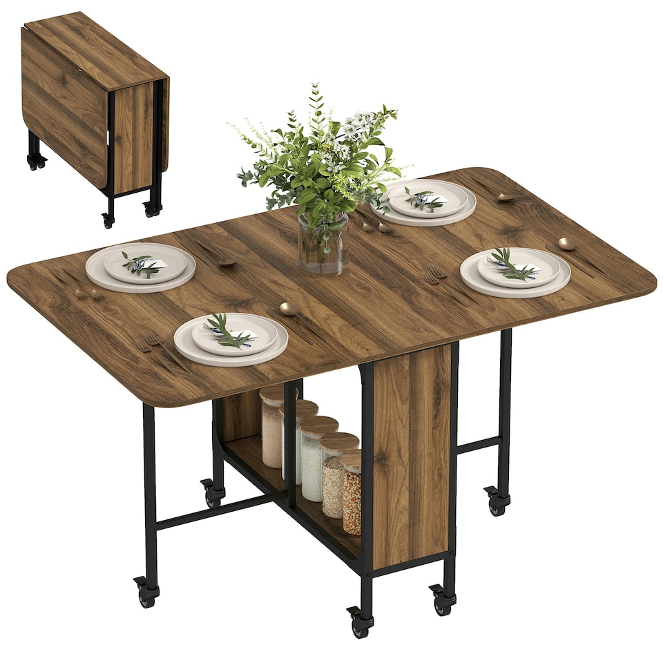 image 1 of HOMCOM Mobile Drop Leaf Dining Table on Wheels with Shelf Light Brown