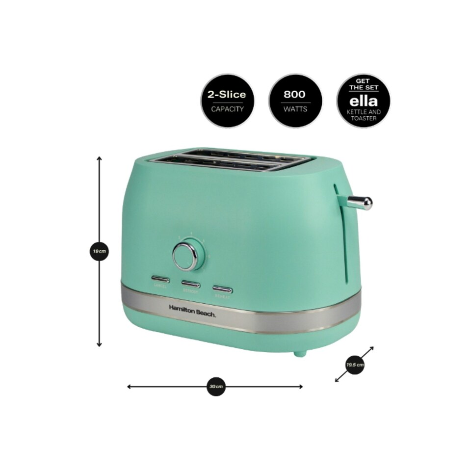image 1 of Hamilton Beach Kettle, Toaster & Microwave Set, Ella, 1.7L Electric Kettle, Wide Slot Toaster 2 Slice, Microwave, 20L Retro, Kettle & Toaster Set, Mint