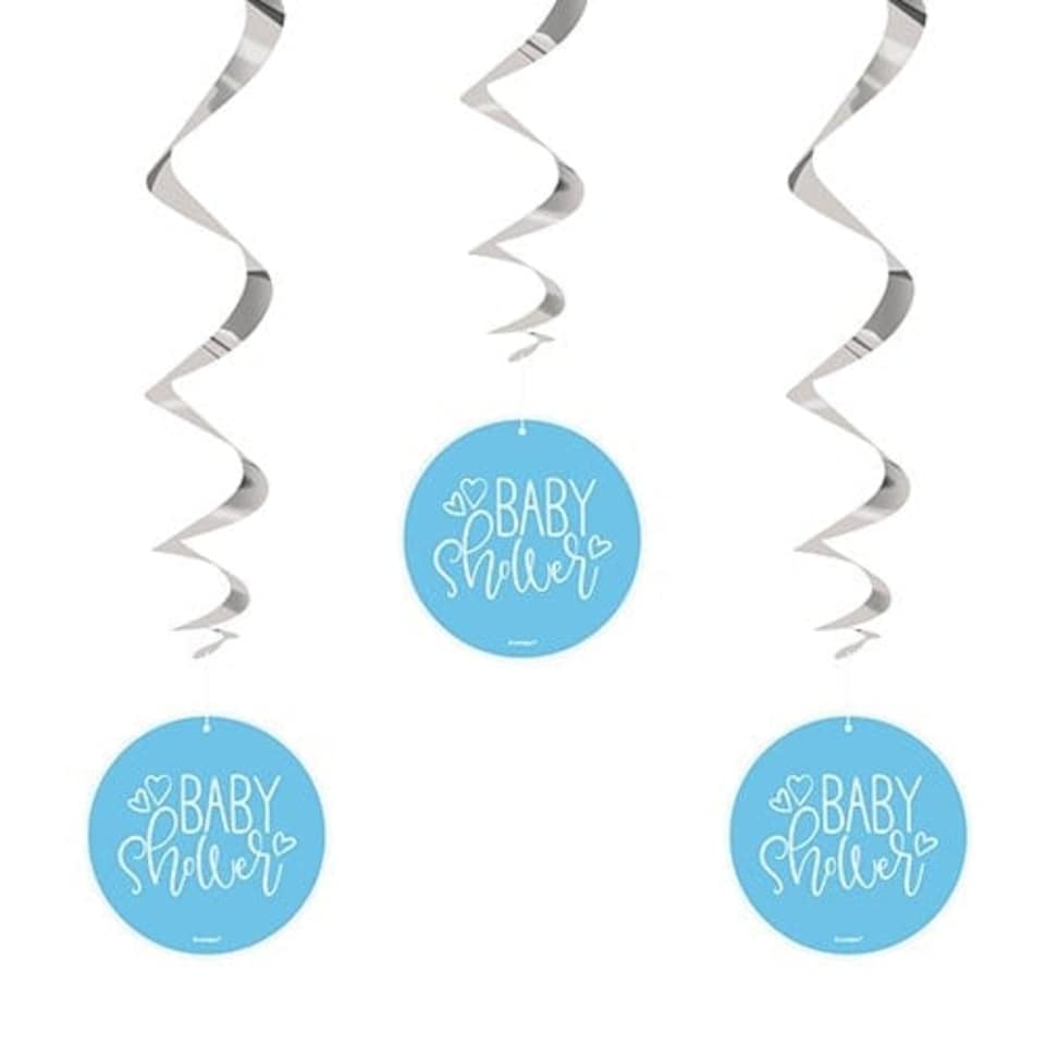 image 1 of Blue Hearts Baby Shower Swirl Hanging Decorations 66cm - Pack of 3