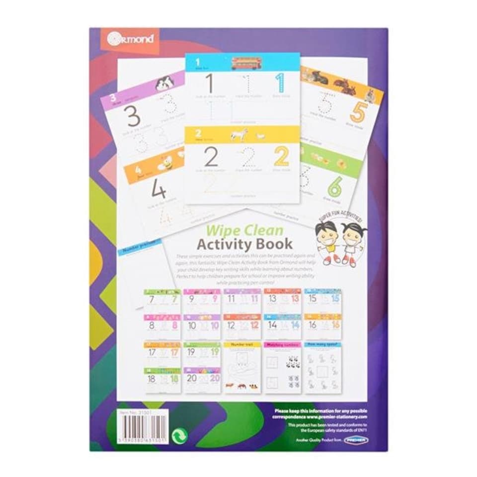 image 1 of A4 14 Pages Wipe Clean Activity Numbers 1-20 Book With Pen by Ormond
