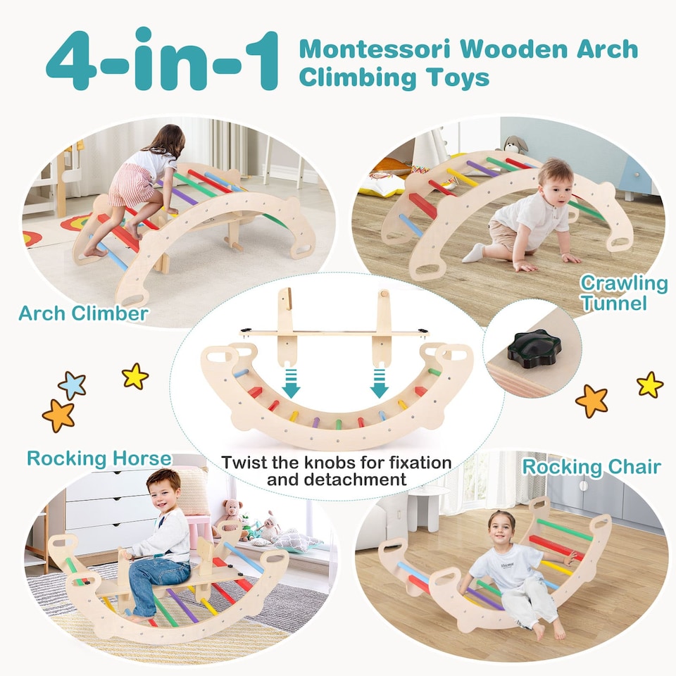 image 1 of COSTWAY Multifunctional Rocking Horse Arch 4-in-1 Wooden Climbing Toys