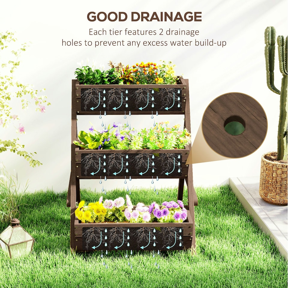 image 1 of Outsunny 3 Tier Raised Garden Bed Wooden Elevated Planter Box Kit, Tan