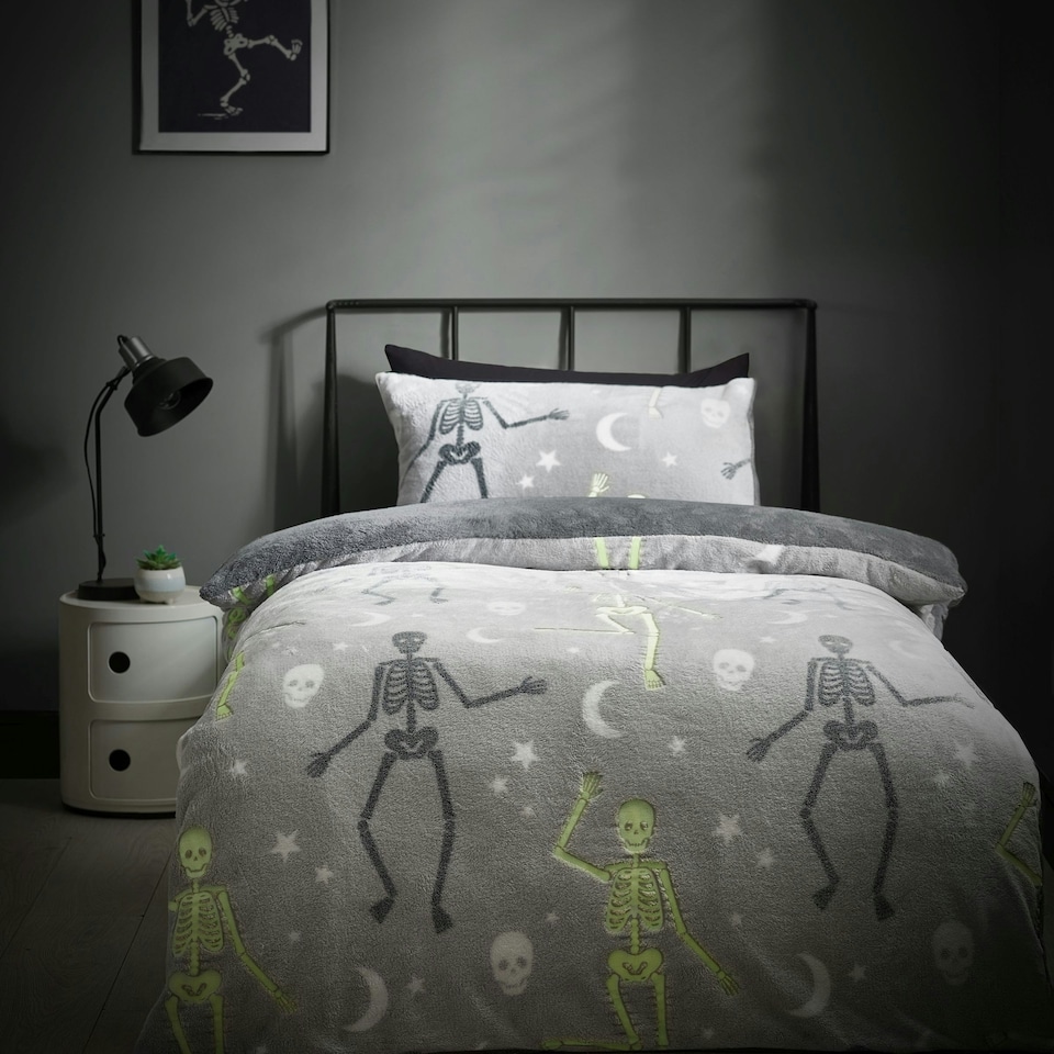 image 1 of Catherine Lansfield Halloween Skeleton Fleece Glow in the Dark Duvet Cover Set Grey | Grey | Double
