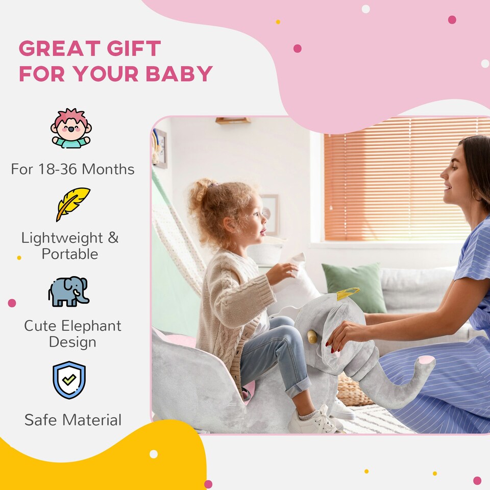 image 1 of HOMCOM Baby Rocking Horse Elephant Rocking Chair Rocker Toy, for 18-36 Months