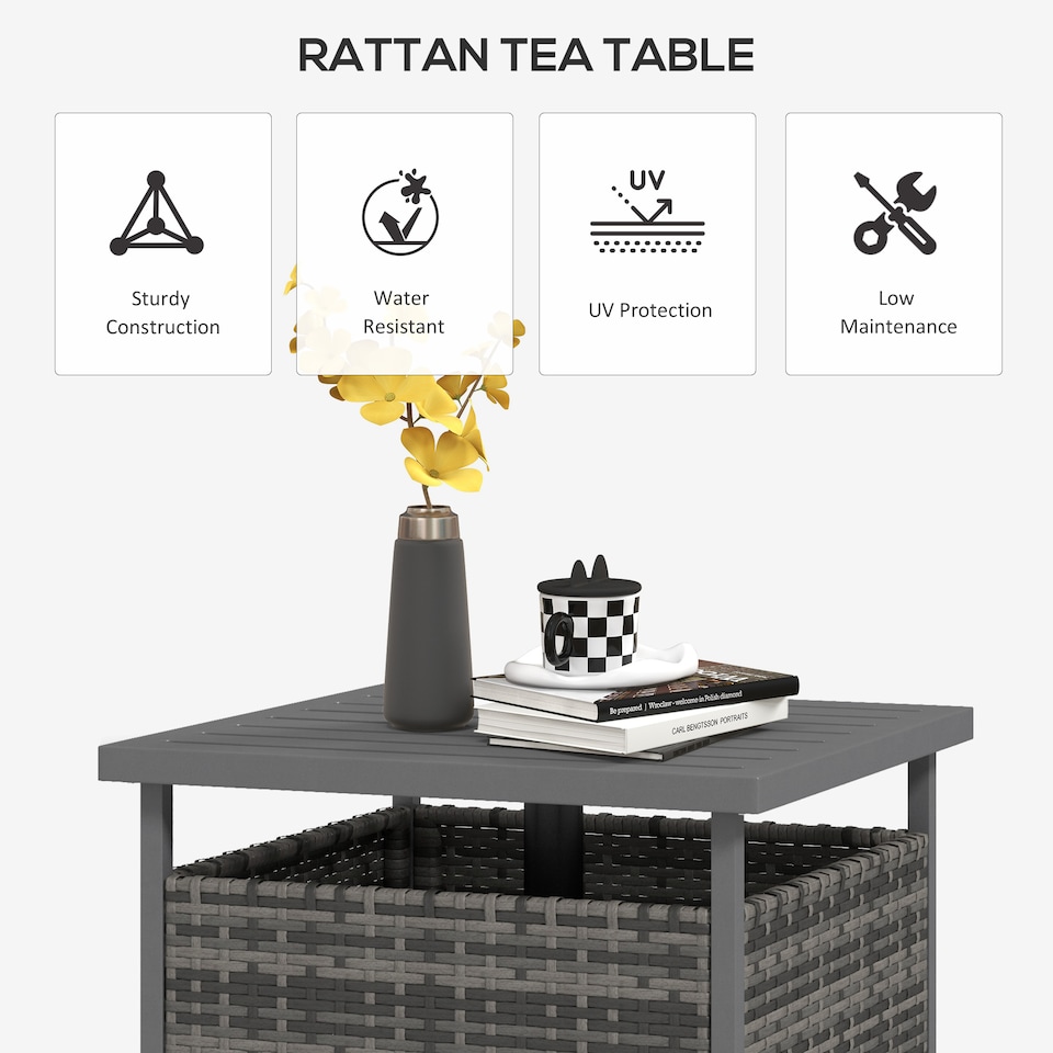 image 1 of Outsunny Outdoor Rattan Coffee Table w/ Umbrella Hole Fit for Garden | Grey | Gradient grey rattan | 55.5 x 55.5 x 46 cm