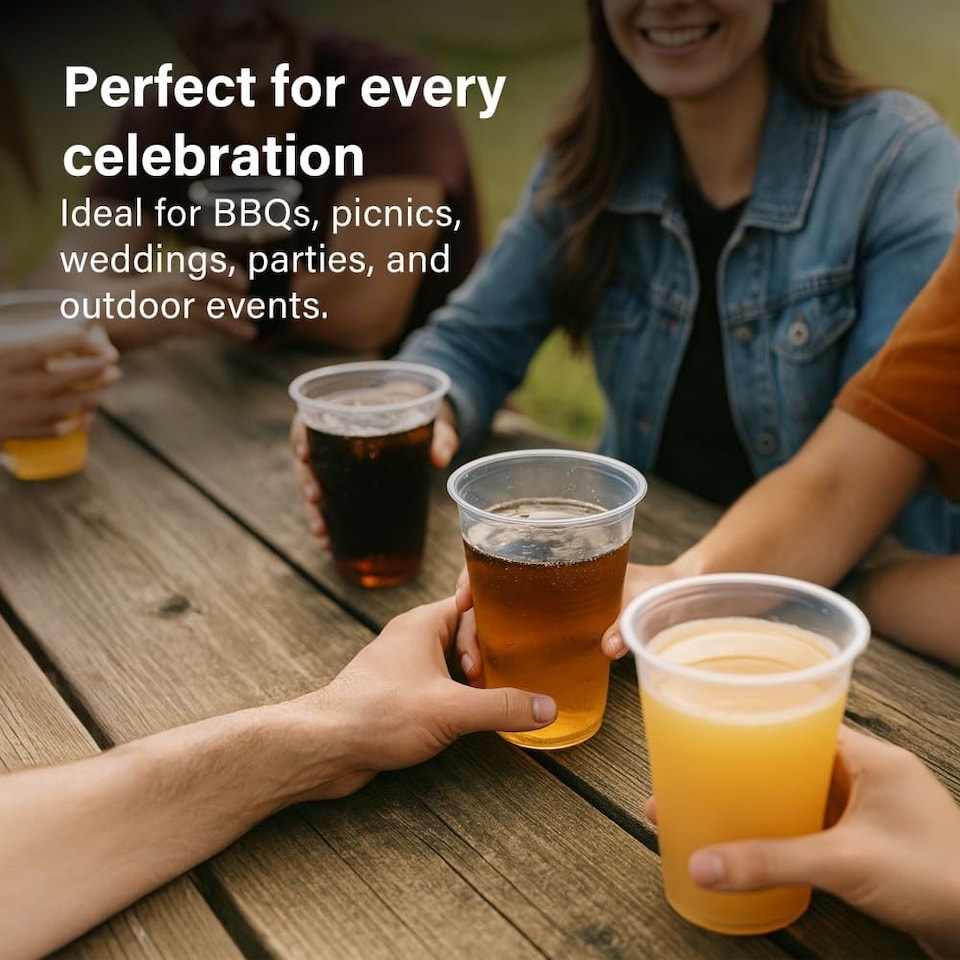 image 1 of 50pc Plastic Cups 560ml Cold Drinks BBQs Picnics Weddings