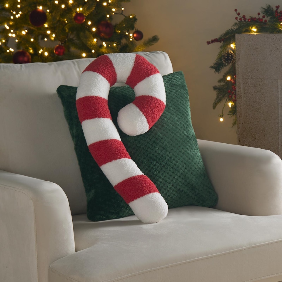 image 1 of OHS 2 x Christmas Candy Cane Soft Plush Fleece Filled Cushion | Red | Red & White