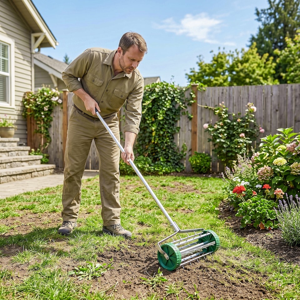 image 1 of Outsunny Lawn Aerator Outdoor Grass Care Heavy Duty Garden Roller Manual Handle | Green | Green