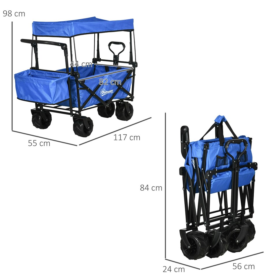 image 1 of Outsunny Outdoor Push Pull Wagon Trolley Cart with Canopy Top - Blue