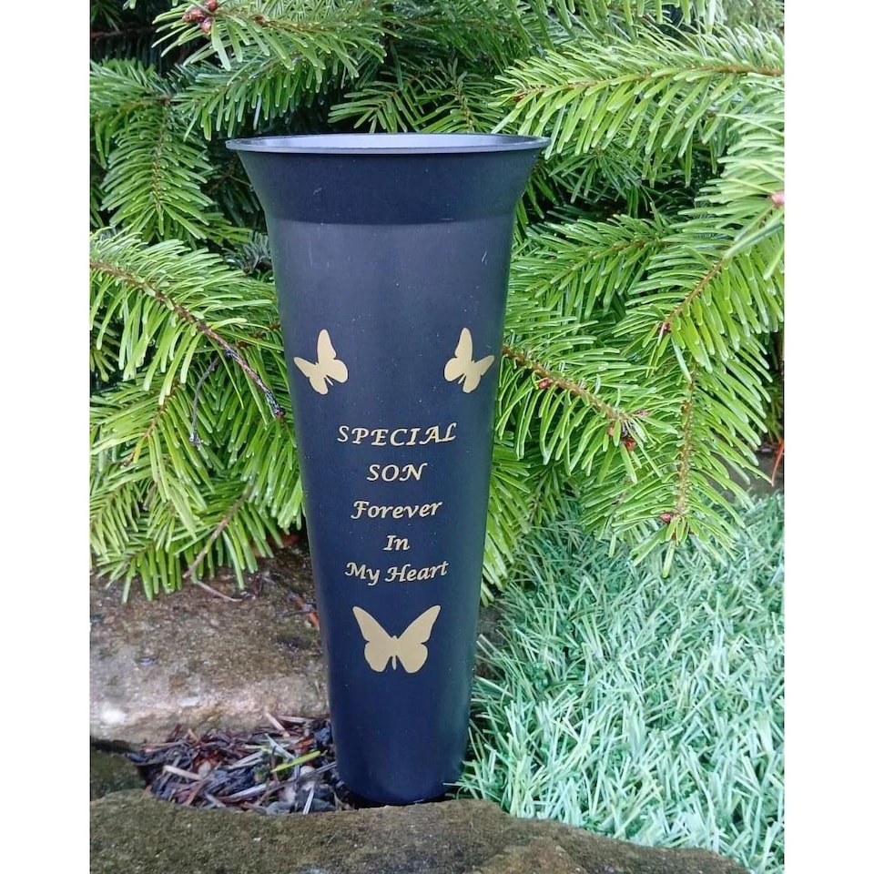 image 1 of Son Plastic Spike Memorial Graveside Flower Vase With Butterfly Decoration