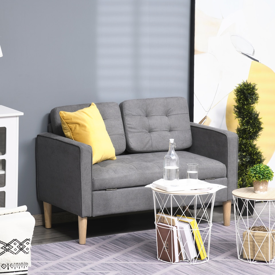 image 1 of HOMCOM Modern 2 Seater Sofa with Hidden Storage, 117cm Tufted Cotton Couch with Wood Legs, Compact Loveseat for Living Room, Kitchen, Grey