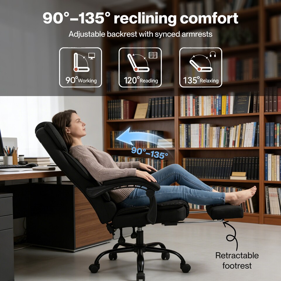 image 1 of Levede Office Chair with Footrest Linen Fabric High Back Swivel Reclining