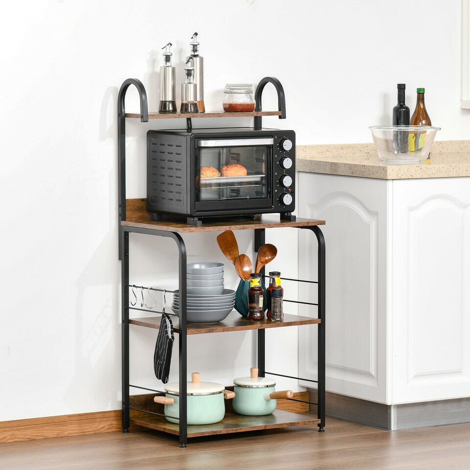 image 1 of HOMCOM 4-Tier Baker's Rack with Storage, Microwave Stand with 4 Hooks