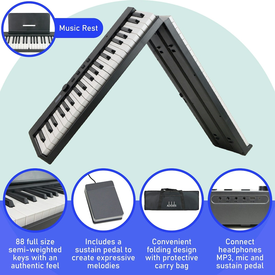 image 1 of Axus 88 Key Portable Folding Digital Piano Keyboard, Full Size Semi-Weighted Keys, Sustain Pedal, Rechargeable Battery