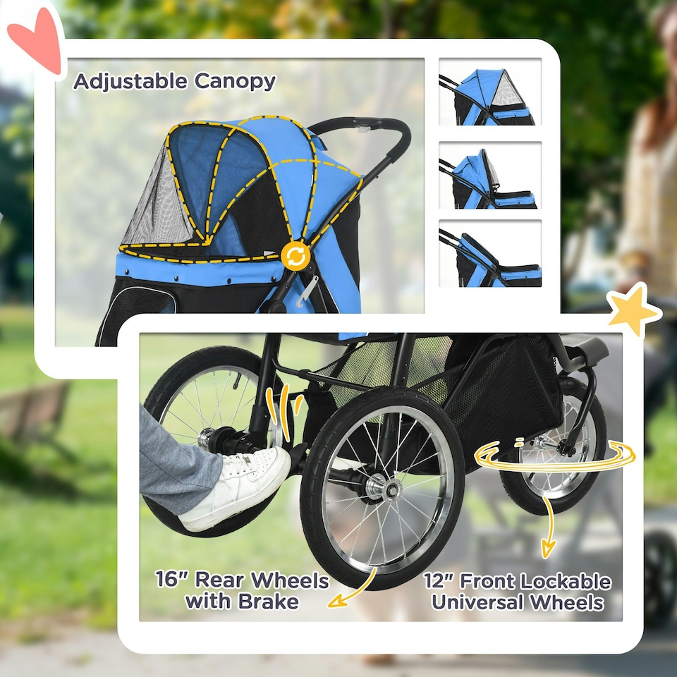 image 1 of PawHut 3 Wheel Pet Stroller, for Medium Small Dogs, Foldable Cat Pram - Blue